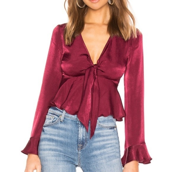 LOVERS + FRIENDS / Grenadine maroon burgundy satin tie front plunge Top medium - Picture 6 of 6